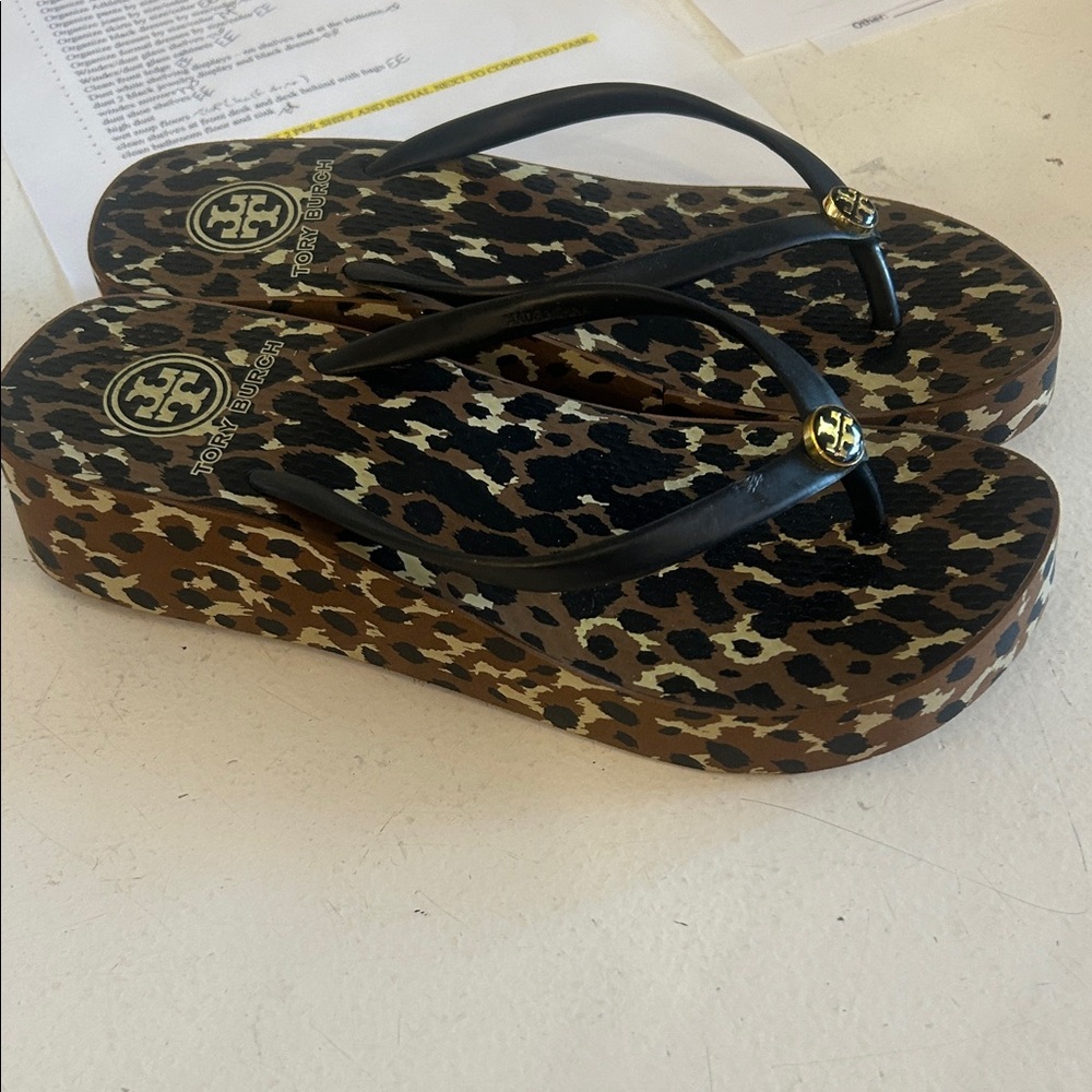 Tory Burch Black and Brown Leopard Sandals